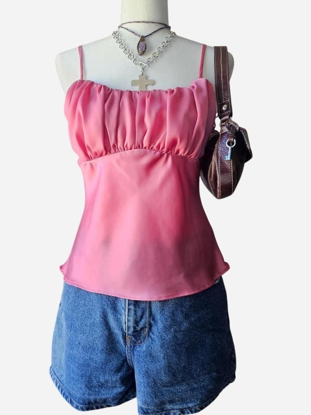 Pink Satin Milkmaid Ruffle Cami Top |Small